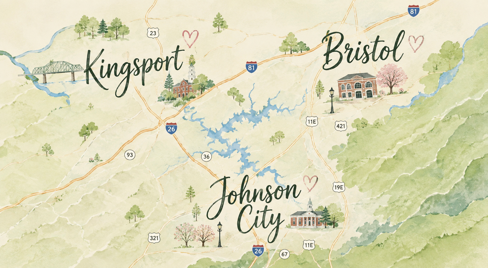 Watercolor map of the Tri-Cities region